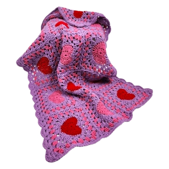 Handmade by myself Other - New Handmade Heart Motif Crochet Lap Blanket Pink Red & Purple Granny Square